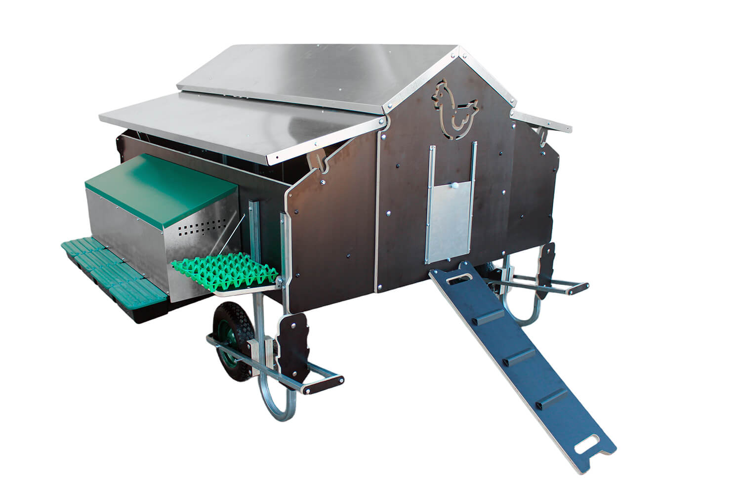 Mobilstall für 15-30 Hühner, 150x180cm, inkl. 4er-Legenest, Tränke (55l), Kotgitter und Sitzstangen