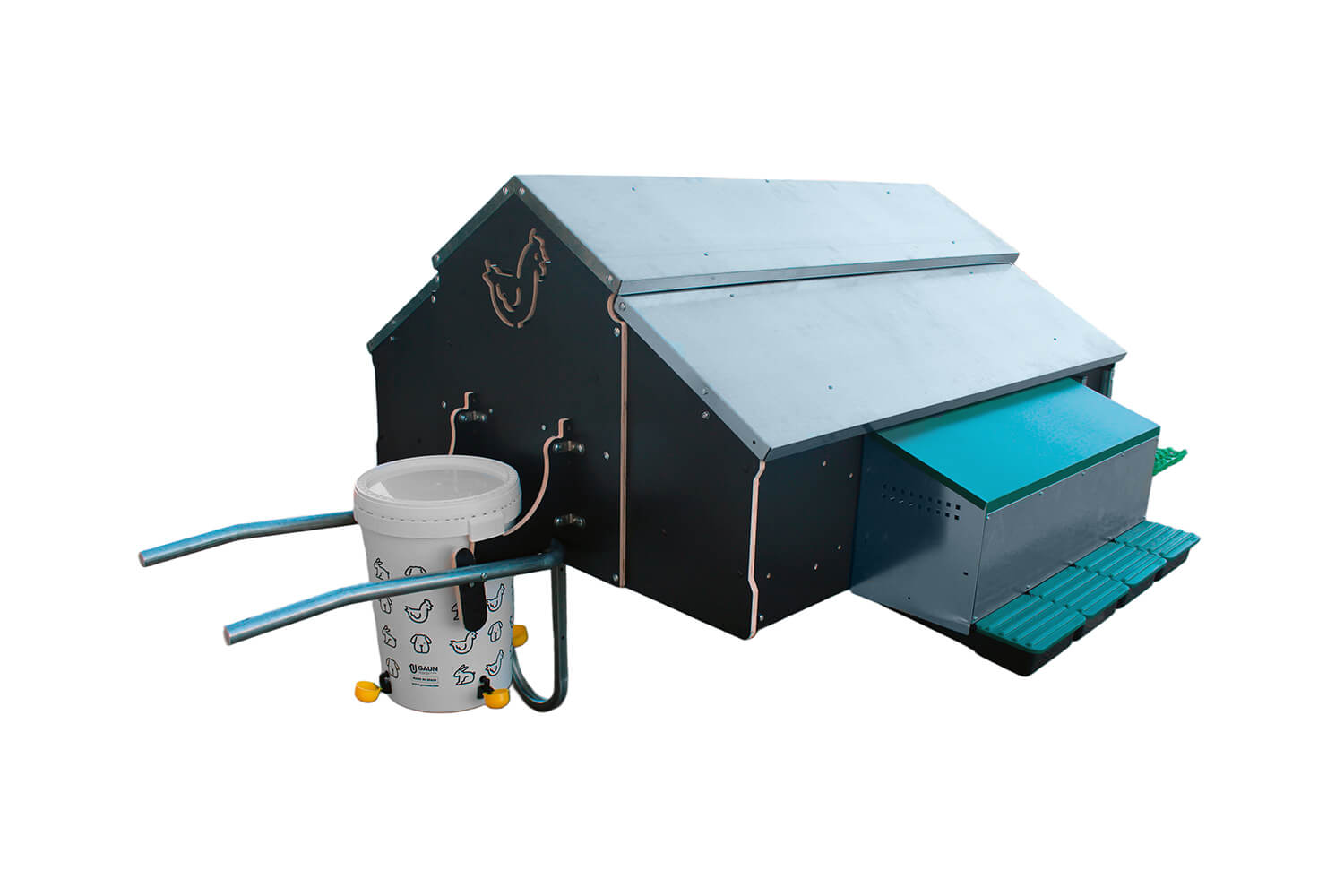 Mobilstall für 15-30 Hühner, 150x180cm, inkl. 4er-Legenest, Tränke (55l), Kotgitter und Sitzstangen